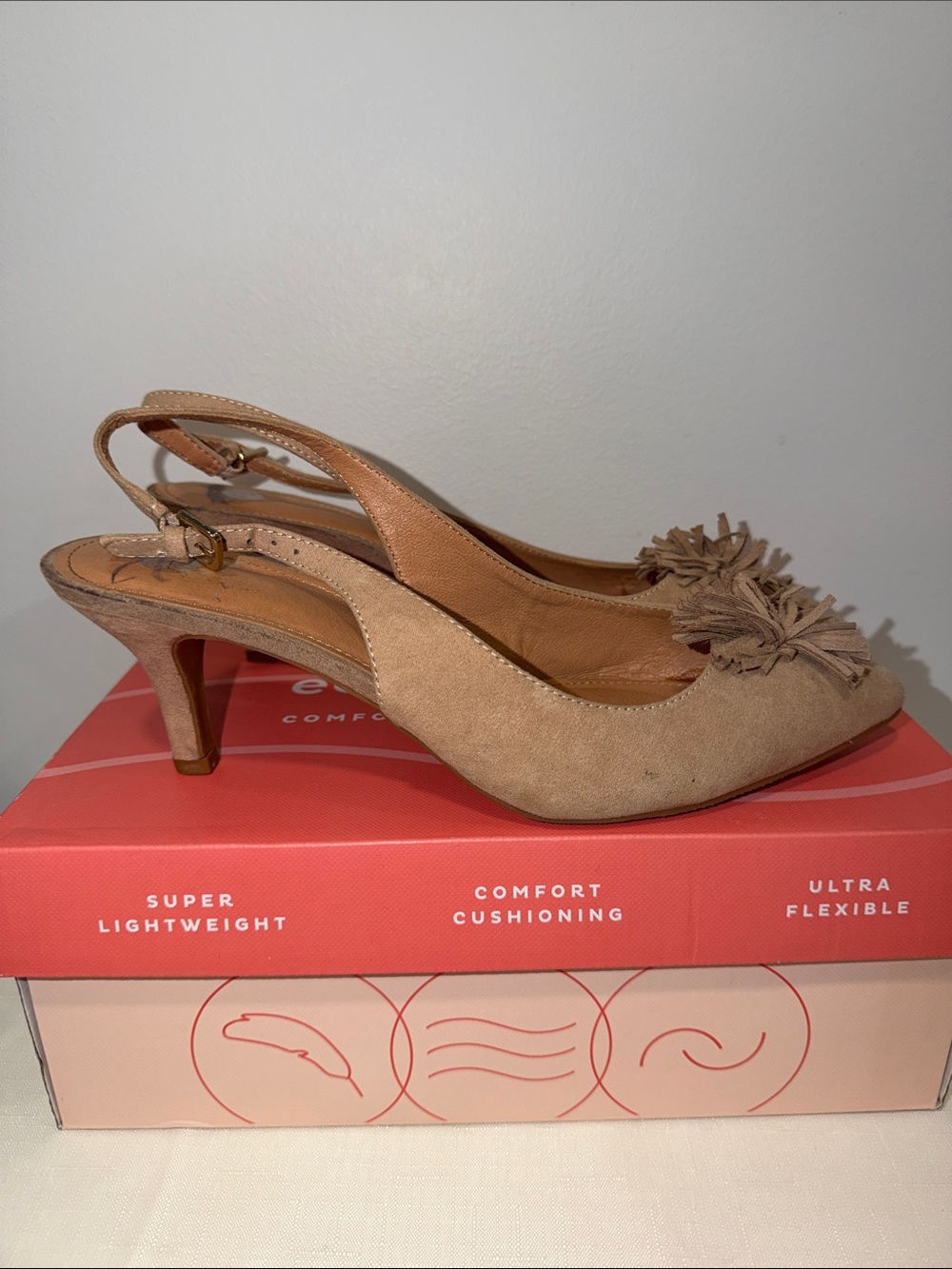 Dress Barn 8.5W Nude Faux Suede PomPom Slingback Heels